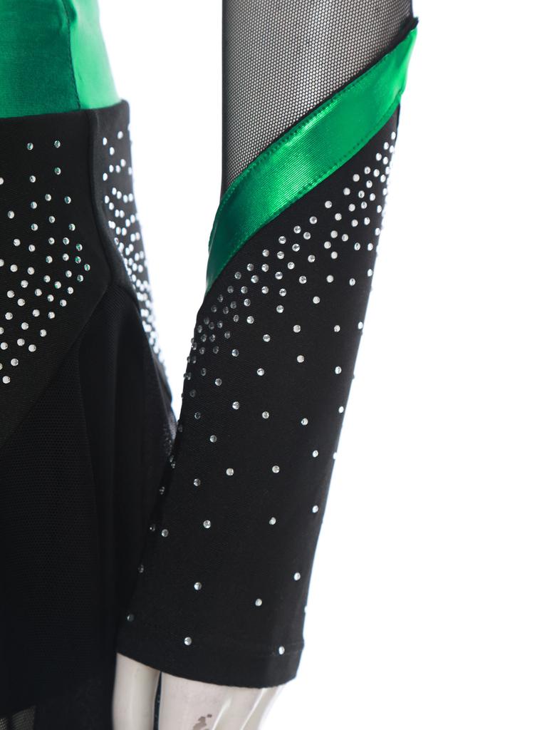 Womens Cheerleading Costume Set Long Sleeve Rhinestone Crop Top Matching Dance Skirt Performance Outfit