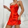 Women Nightgown V Neck Backless Sleeveless Heat Print Silky Satin Adjustable Spaghetti Strap