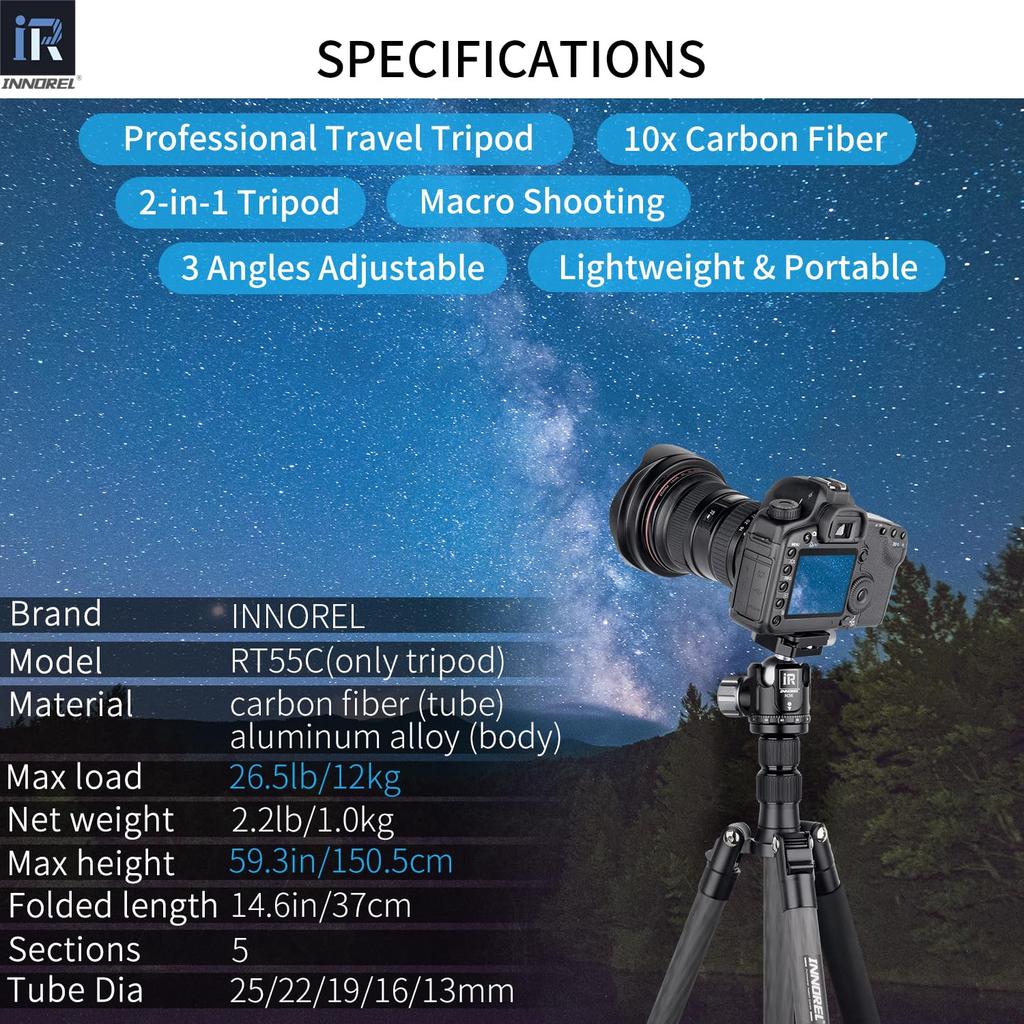 INNOREL Carbon Small and Medium Ultra Light Weight Capacity 5 Adjustable Tube Diameter Center Low Center of Nut Lock Digital SLR Digital Fireworks