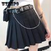 Women Summer Anti-lighten High Waist Slim Skirt Black Pleated Skirt Hip-hop A-line Skirt Belt Chain