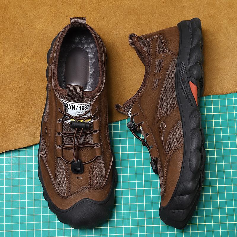 Нескользящие мужские походные туфли из натуральной кожи, дышащие мужские повседневные кроссовки со шнуровкой и сеткой, летняя обувь для активного отдыха