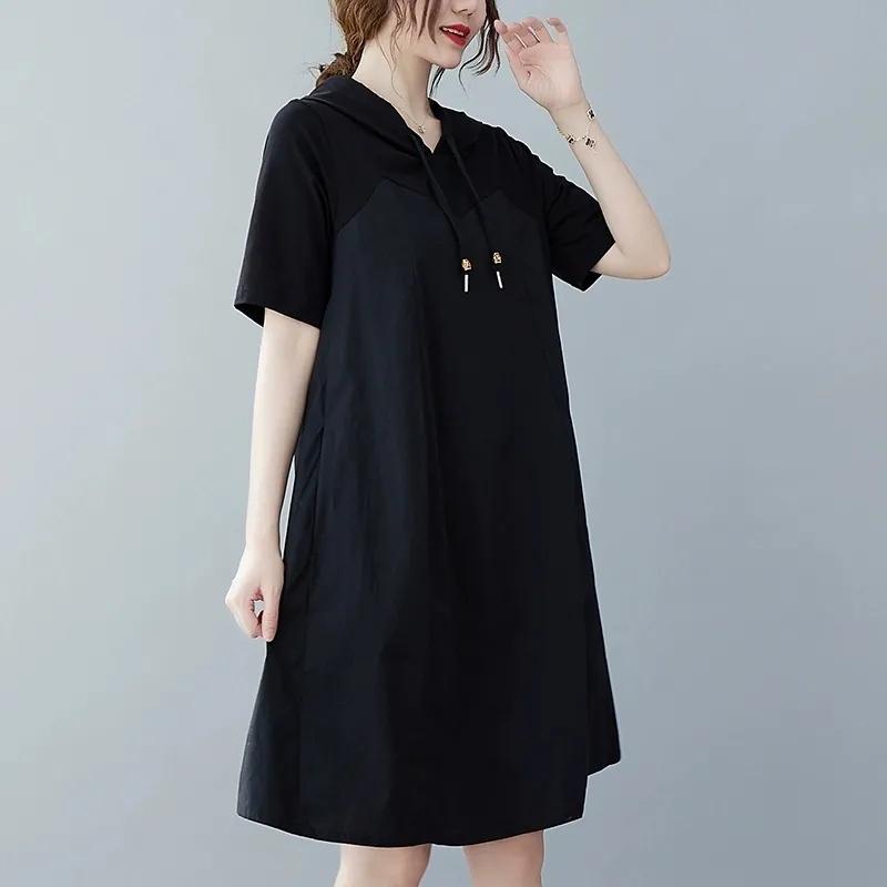 Платье большого размера, женское летнее хлопковое свободное облегающее платье, повседневная толстовка с капюшоном, длинная юбка