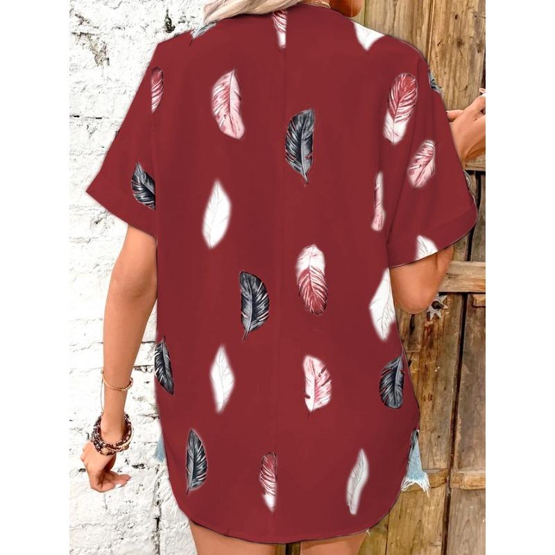 Women's Fashion Casual Summer Spring Feather Print Short Sleeve POLO Neck Blouses & Shirts