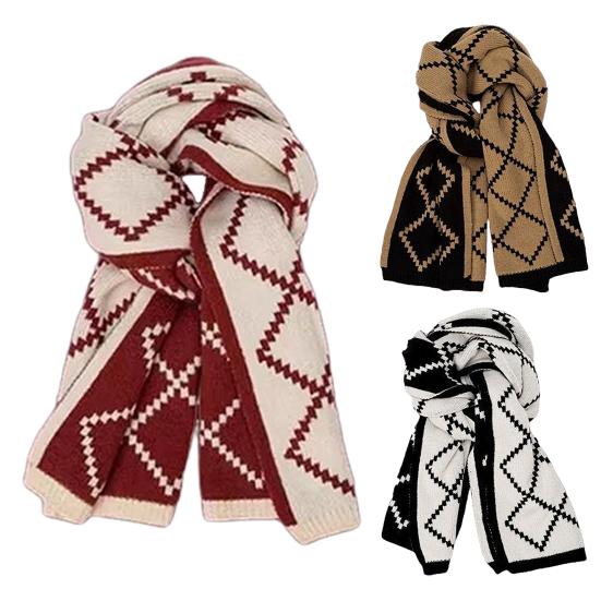 Yousheng Women Scarf Rhombus Pattern Knitted Scarf Double-Sided Warm Lightweight Winter Neck Warmer Outdoor Cycling Scarf