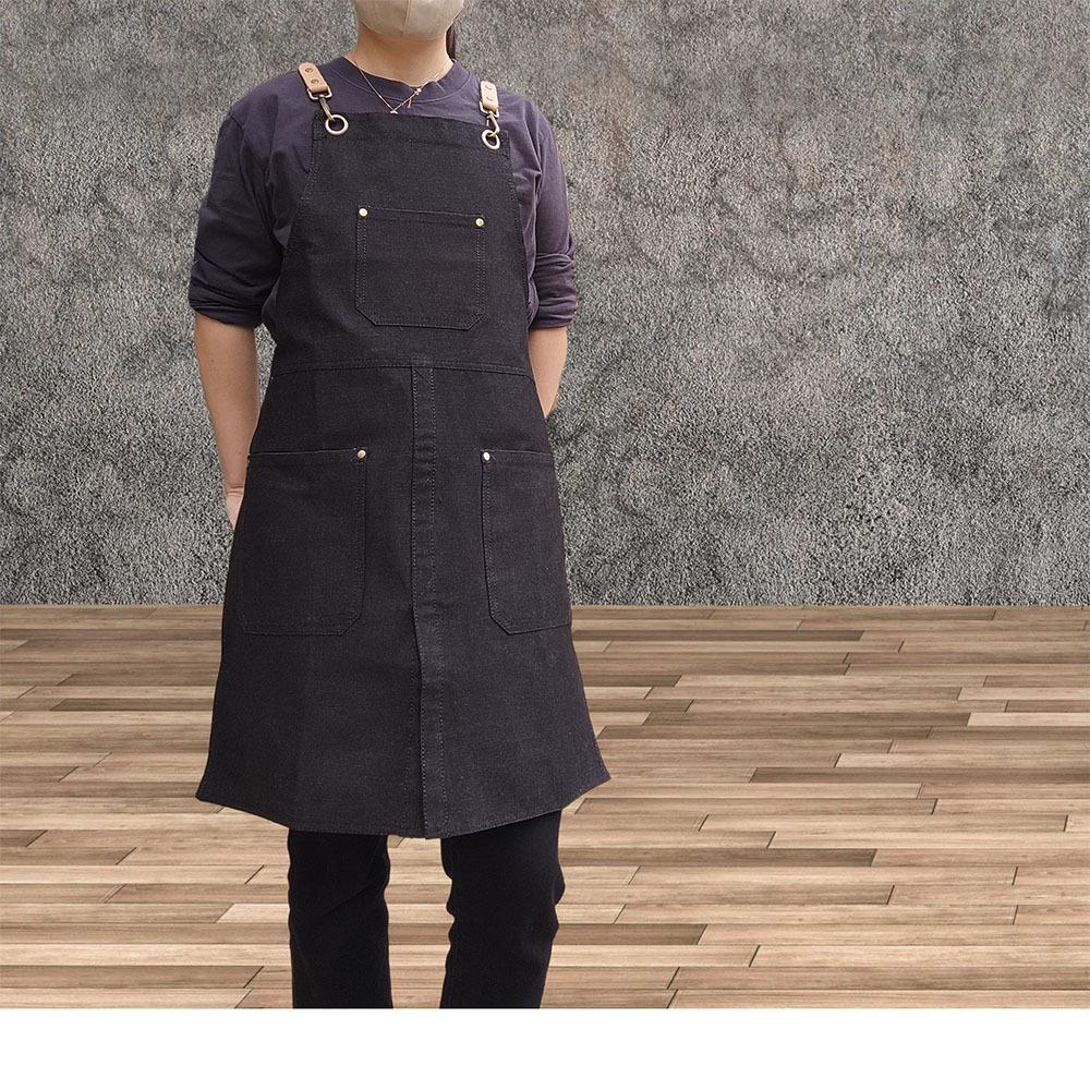 Korean trend black denim split double-layer restaurant milk tea shop cafe waiter work clothes apron
