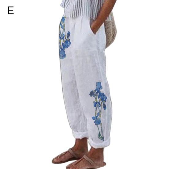 Pockets Bottoms Attractive Floral Print Simple White Pants Women Trousers