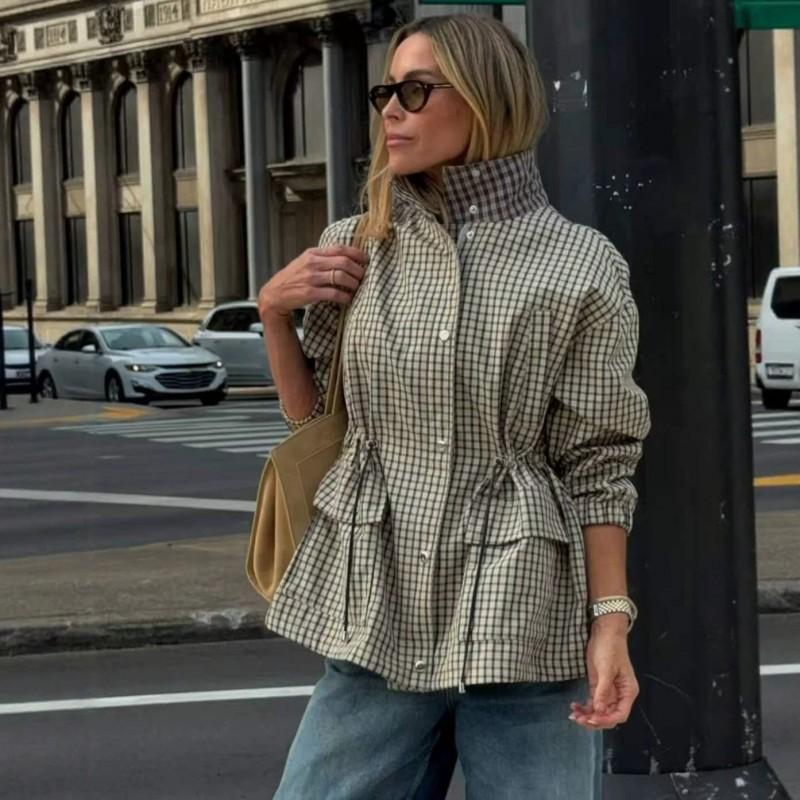 Womens Plaid Jacket Long Sleeve Stand Collar Casual Slim Fit Outerwear Fashion Coat