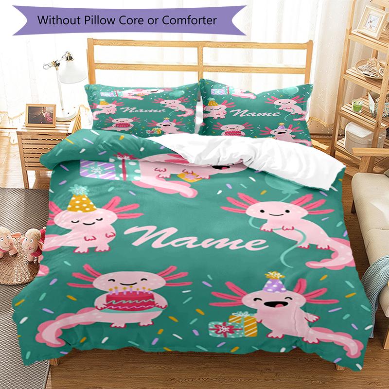 3pcs Custom Name Axolotl Bedding Set Duvet Cover Closure Includes 1 Duvet Cover & 2 Pillowcases, Soft and Comfortable for All Seasons.