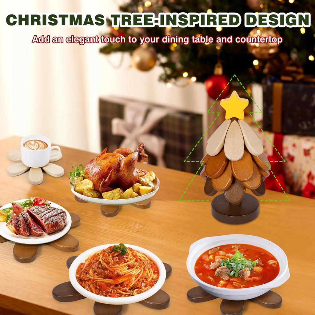 Деревянные подставки под горячее в форме елки, Набор из 4 деревянных подставок под горячие блюда, кастрюли для фондю, подставки под чашки, чайники, тарелки, для стола