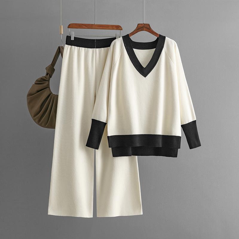 2Pcs Set Solid Patchwork Casual Fashion Knit Set for Women V-neck Loose Top High Waist Straight Wide-leg Pants Soft Stylish Breathable Sweater Set
