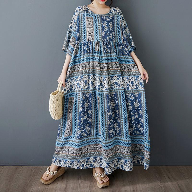 Новое винтажное платье с цветочным принтом больших размеров с коротким рукавом для женщин, повседневное свободное длинное летнее платье