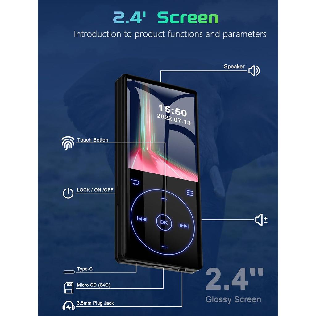 MP3-плеер 96 ГБ с Bluetooth, портативный музыкальный плеер со звуком без потерь и HD-динамиком, диктофон с экраном 2,4 дюйма, FM-радио, наушники в комплекте