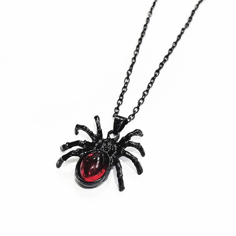 Gothic Punk Sliver Simulation Spider Insect Red Oval Crystal Pendant Necklace for Women Men Hallowmas Jewelry Accessories