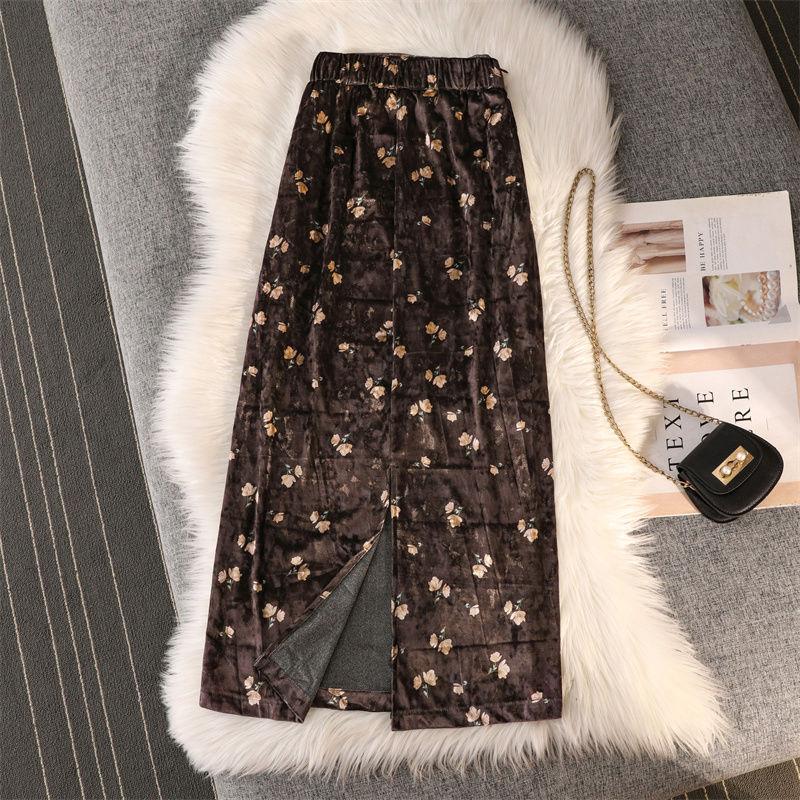 Юбка средней длины. Осенне-зимняя женская юбка. Женская длинная юбка из золотого бархата в стиле ретро с принтом.