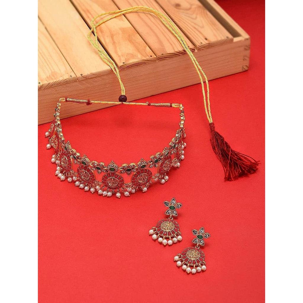 ZAVERI PEARLS Gold Tone Traditional Temple Choker Necklace Set For Women