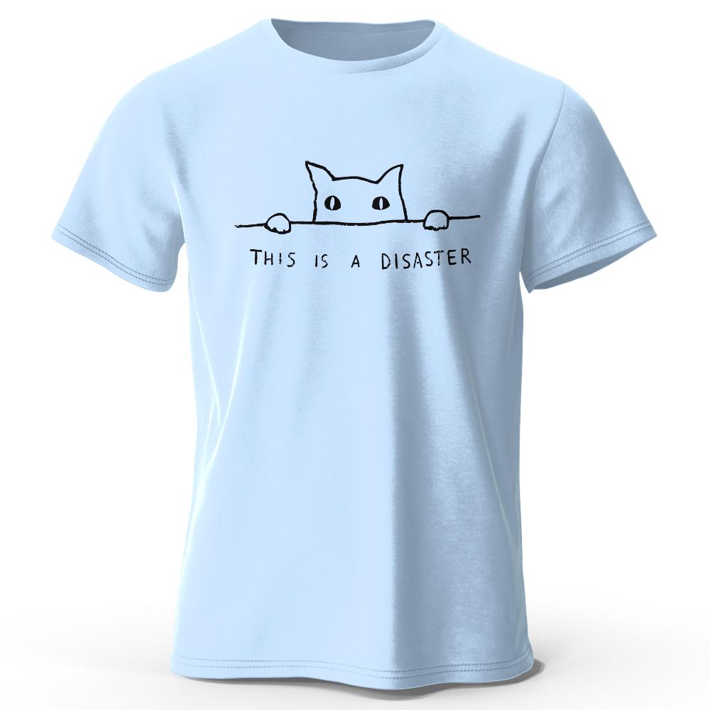 Minimalist Line Art Cat Print 100% Cotton T-Shirt, Soft & Breathable Round Neck Short Sleeve Tee, Unisex Simple & Stylish