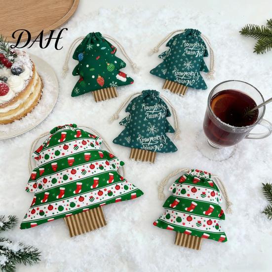 Large Small Storage Christmas Tree Shaped Gift Bags with Drawstring, Reusable Holiday Fabric Bags, Polyester Favor Holders Winter Goodie Pouches