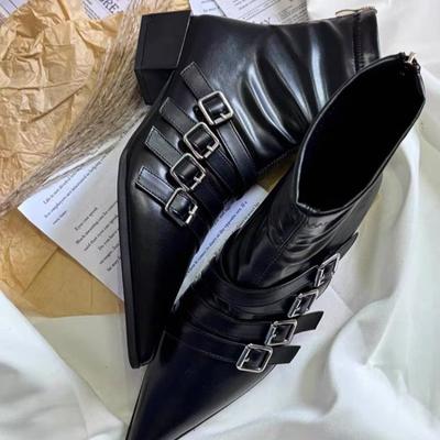 Дизайнерские женские ботинки Металлическая пряжка ремня Узкие ботинки Сексуальный острый носок Кожаные ботинки Ботильоны на молнии для женщин Короткие ботинки
