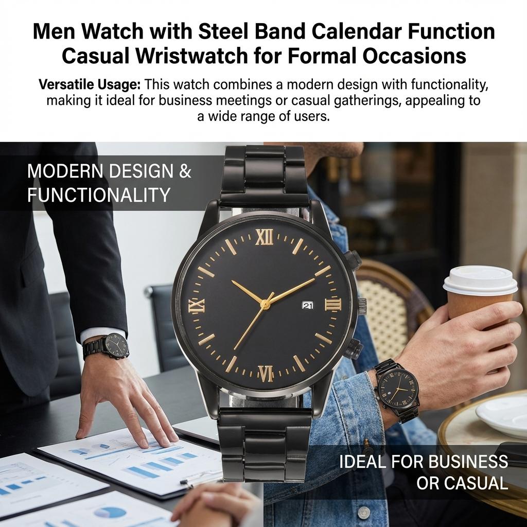 Men Watch with Steel Band Calendar Function Casual Wristwatch for Formal Occasions