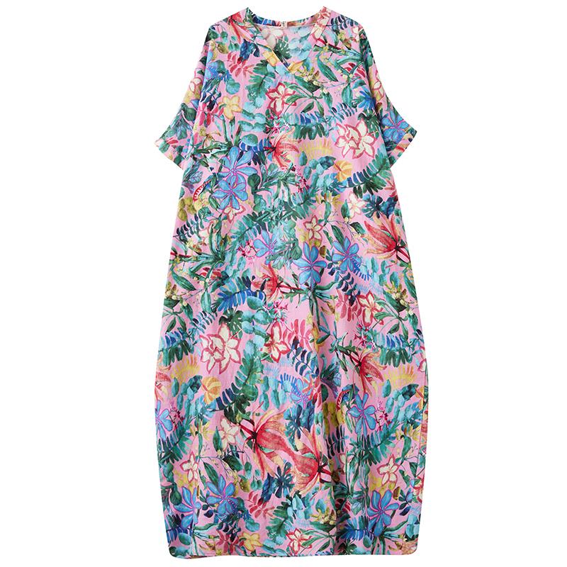 DIMANAF 2025 New Women Plus Size Summer Casual Floral Dress Vintage Long Dress Loose Basic Holiday Maxi