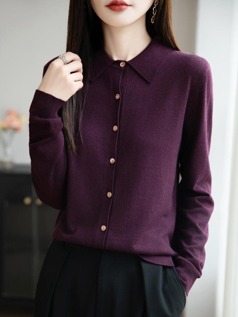 Женский вязаный кардиган на начало осени: Свитер-топ с воротником поло и длинными рукавами