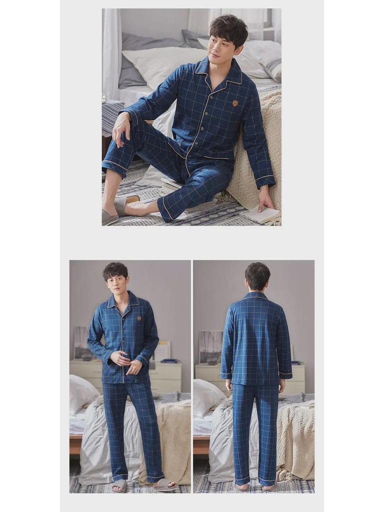 Мужская пижама-кардиган с лацканами, 100% хлопок, длинный рукав, на весну, лето и осень, размеры до 5XL