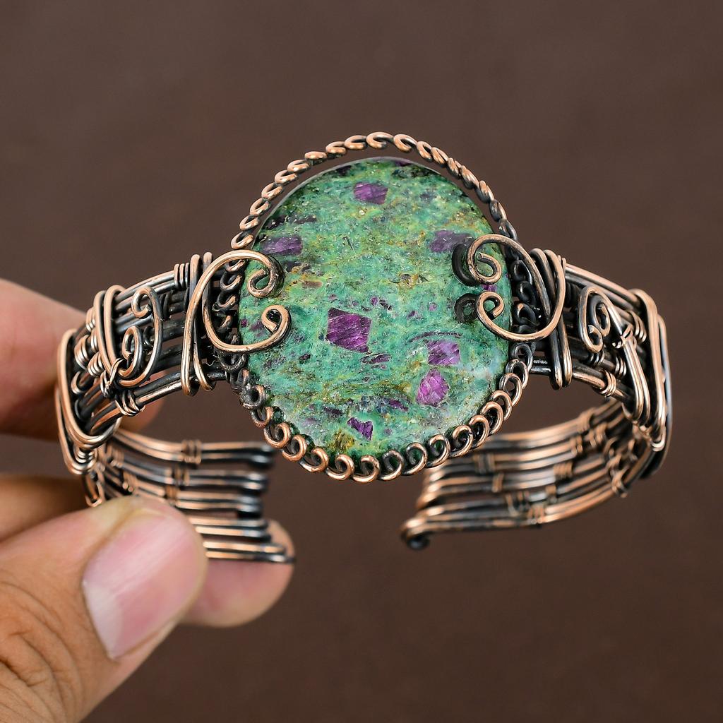 Ruby Zoisite Lab-Created Handmade Copper Wire Wrap Bangle Adjustable Y2z75