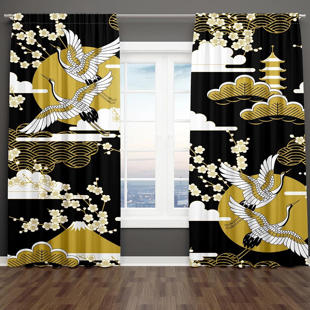 2pcs Chinese Mountain Lnk Painting Print Curtain, Digital Printing Curtains for Living Room Bedroom Kitchen Study, Home Decor