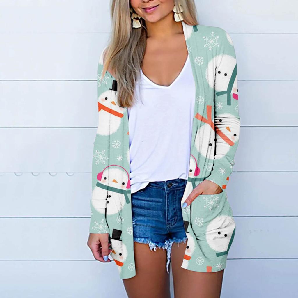 Женская модная повседневная куртка-кардиган с рождественским принтом средней длины, пальто