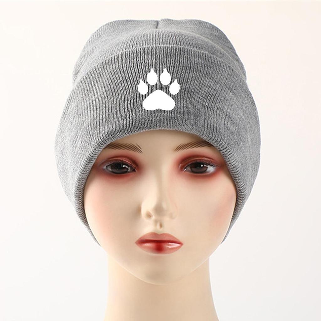 White Cat Paw Print Print Knitted Cap Beanie, Man Cap Stretchy Winter Simple Bobble Hat Knit Hat Beanie
