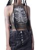 Эстетический жилет без рукавов в рубчик с принтом скелета в стиле кибер-ретро, ​​армейский зеленый укороченный топ, дизайнерская одежда для женщин, лето 2024, эмо