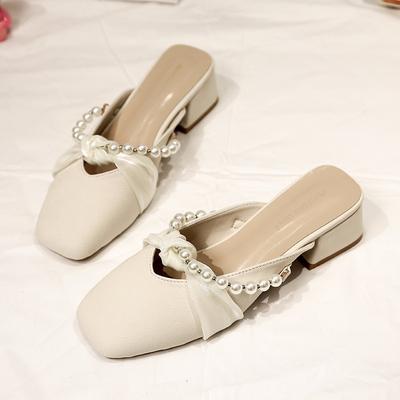 Мода Женская Мода Баотоу Сандалии на Толстом Каблуке Весна Новые Квадратный Носок Мелкий Вырез Бусины Шлепанцы на Мягкой Подошве