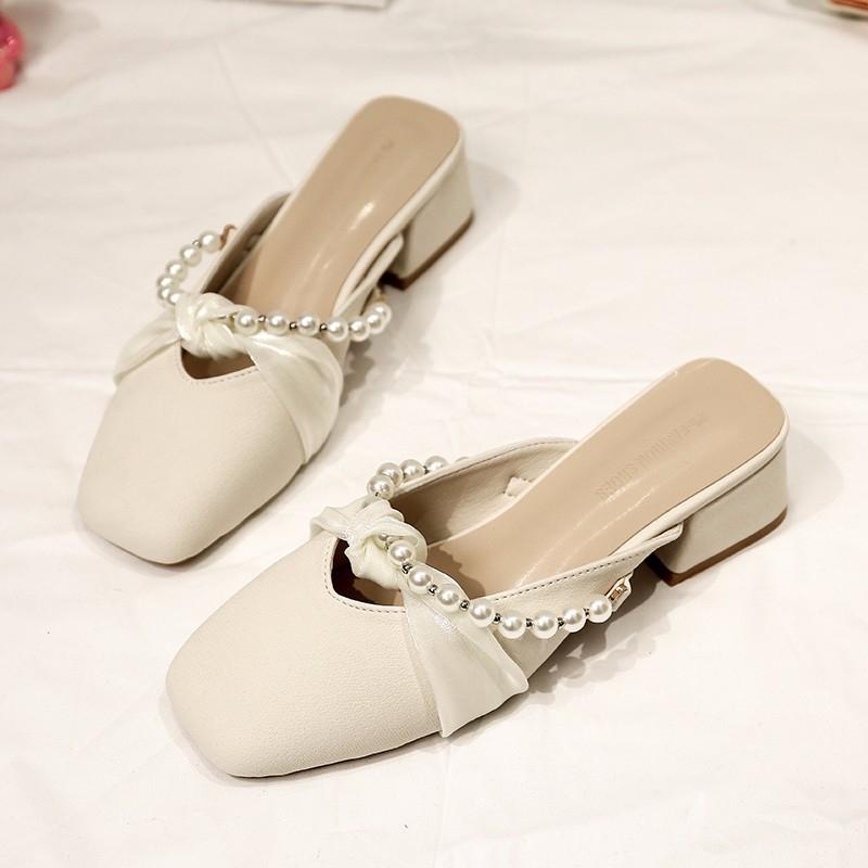 Fashion Women's Fashion Baotou Thick Heel Sandals Spring New Square Head Shallow Mouth Beads A Slip-on Soft Sole Slippers
