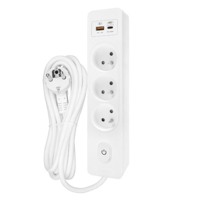 SELDUR G3FH12B Power Strip, 3 Type E Sockets + Switch, USB A+C Fast Charging 20W, White, 1.5m Cable