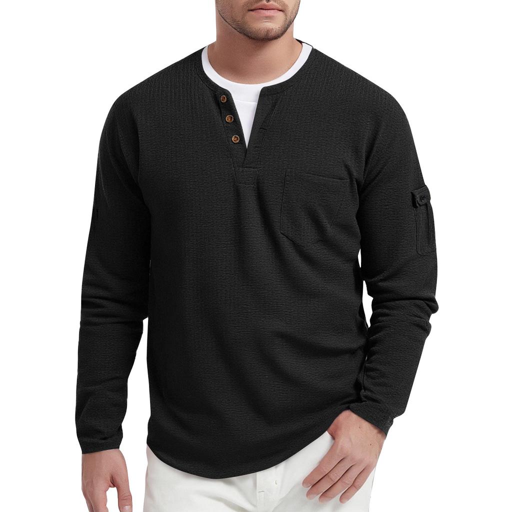 Men's Spring Solid Color Fake Two-Piece Double-Layer V-Neck Pocket Long Sleeve Top