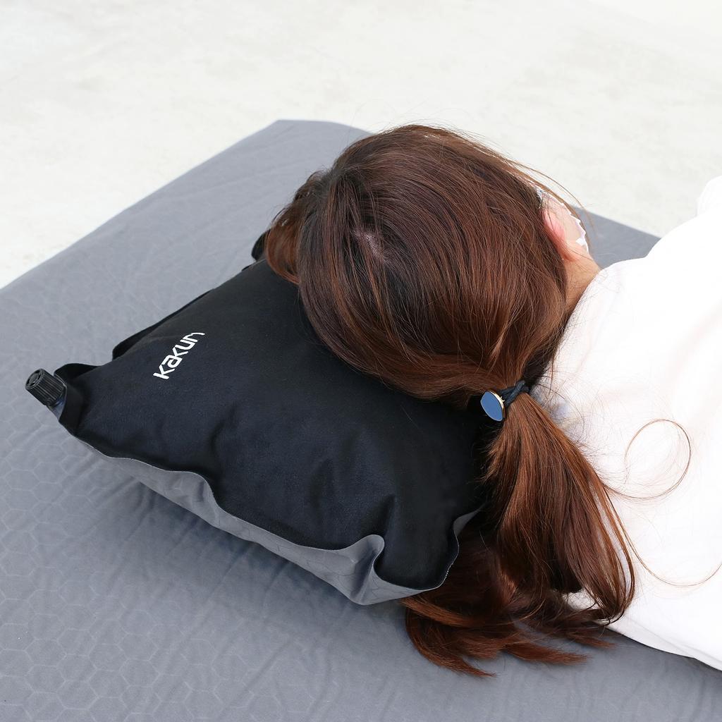 KAKURI Inflator Pillow, Suede Style, 12cm Thick, Outdoor, Camping, Sleeping In the Car, Automatic Inflation, Compact, Storage Bag Included,