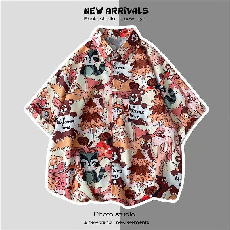 Retro Floral Shirt Blouse for Man Hawaiian Short-sleeved Floral Shirt Men's Loose Trend Couple All-match Five-point Sleeves