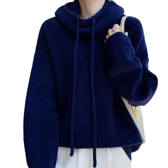 Women Sweater Pile Collar Drawstring Hooded Long Sleeve Knitting Tops Solid Color Casual Loose Fit Knitwear