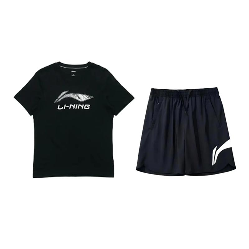 Футболка с коротким рукавом и круглым вырезом с принтом логотипа Li Ning, модные свободные удобные шорты, повседневный спортивный комплект, унисекс комплекты AHSVD53-1+YKSV197-2