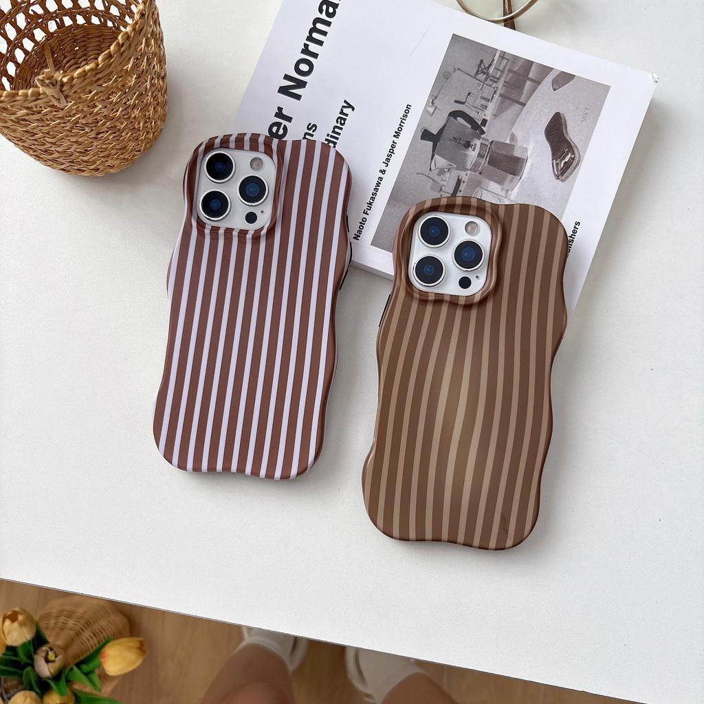 Wave Edges Stripes 2 in 1 TPU+PC Shockproof Phone Case for iPhone 13 14 15 16 17 Pro Max Autumn Brown Color Frosting Cover Shell