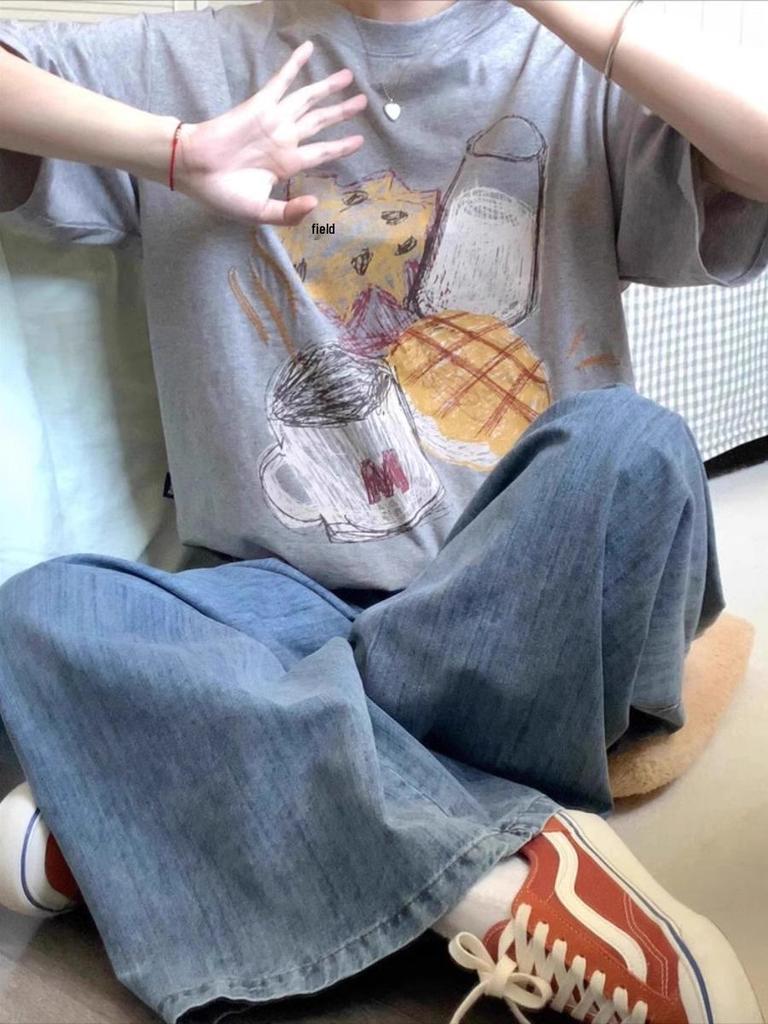 100% Чистый Хлопок Серый Женская Европейская Летняя Футболка с Коротким Рукавом - Трендовый Американский Нишевый Дизайн