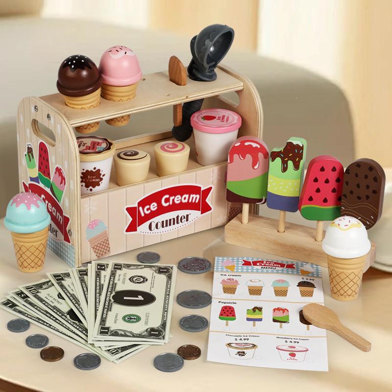 Wooden Pretend Kids Ice Cream Shop Playset With Natural Finish For Birthday Gift
