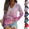 Women's Casual Fashion Christmas Graphic Printed Casual Print Long Sleeve V-Neck Pullover Top Blouse