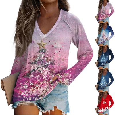 Женская повседневная мода рождественский графический принт повседневный принт длинный рукав V-образный вырез пуловер топ блузка