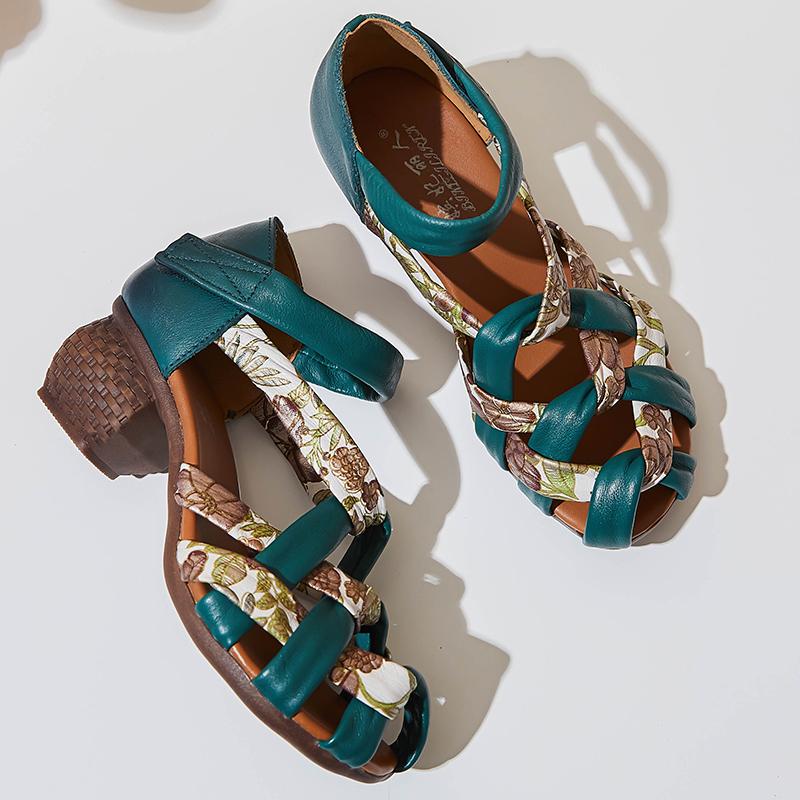 GKTINOO Женская летняя обувь Средний каблук Ажурные Повседневные сандалии Ретро Женские туфли Натуральная кожа Ремешки с пряжками Женские сандалии