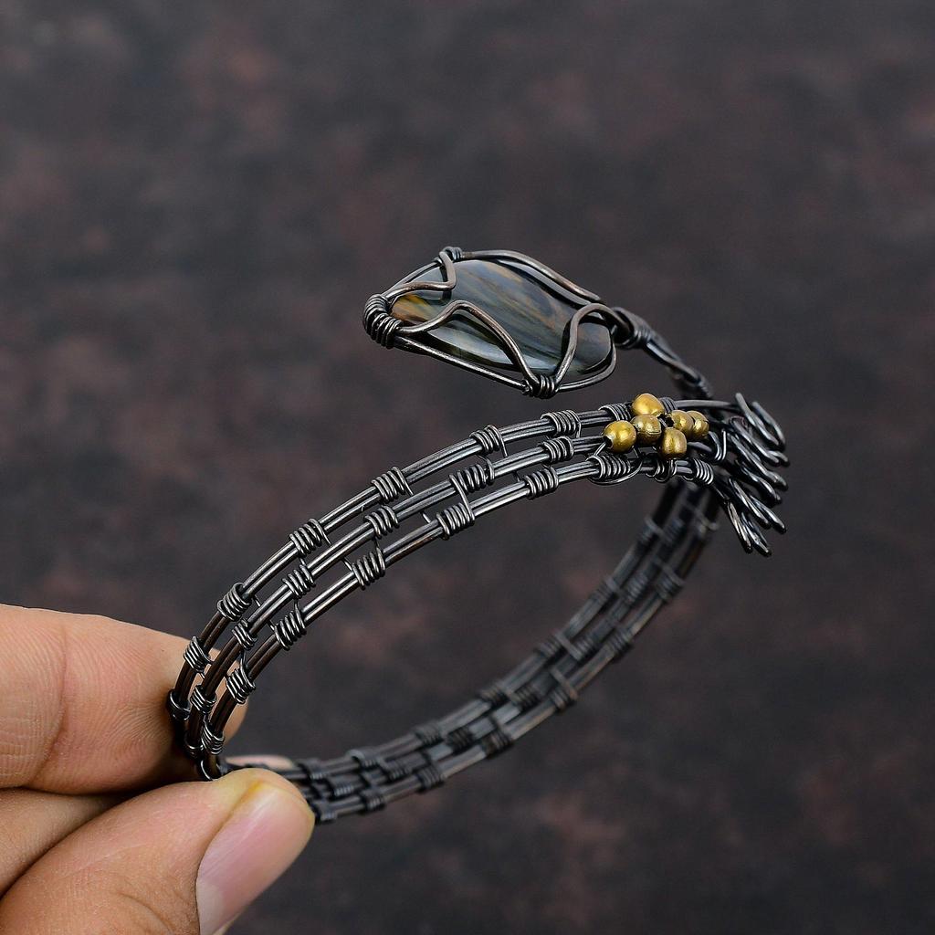 Pietersite браслет из медной проволоки, обернутый драгоценными камнями, регулируемый браслет-манжета, браслет ручной работы, браслет-манжета из медной проволоки, свадебный подарок