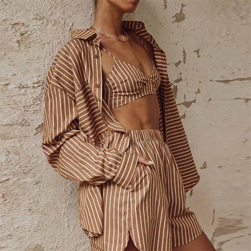 Рубашка с шортами, женский повседневный свободный кардиган с длинным рукавом, пижамный комплект из 3 предметов, осенний винтажный элегантный шикарный классический базовый пижамный комплект, домашняя одежда