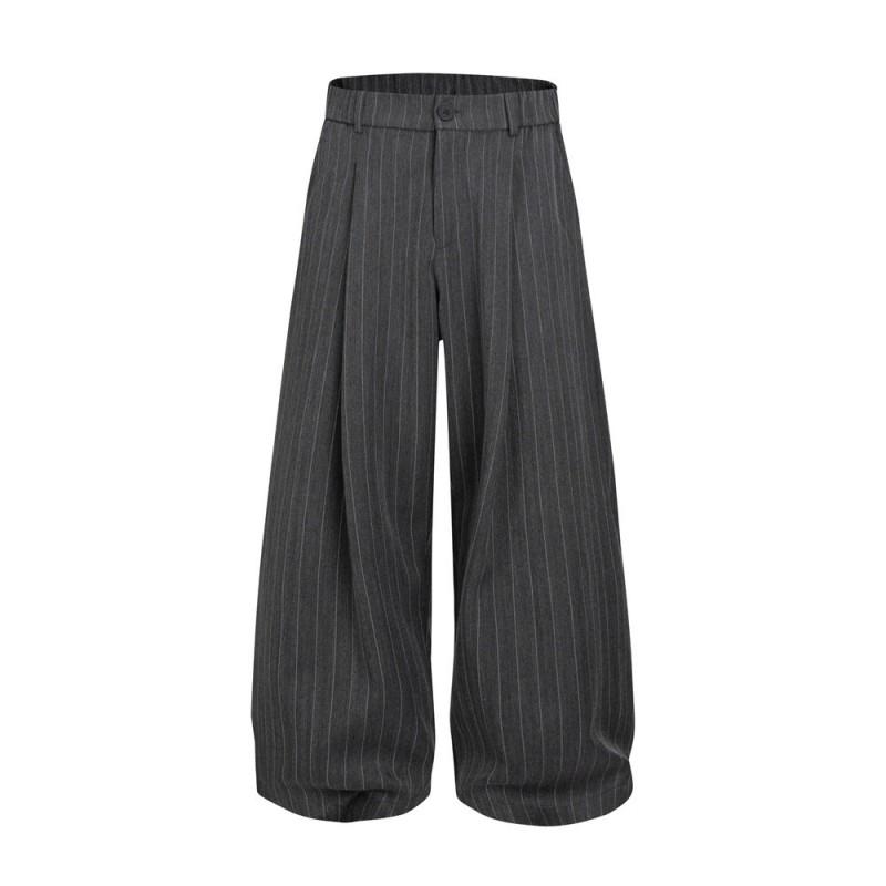 Mens Striped Wide Leg Trousers Streetwear Pleated Loose Fit Dress Pants