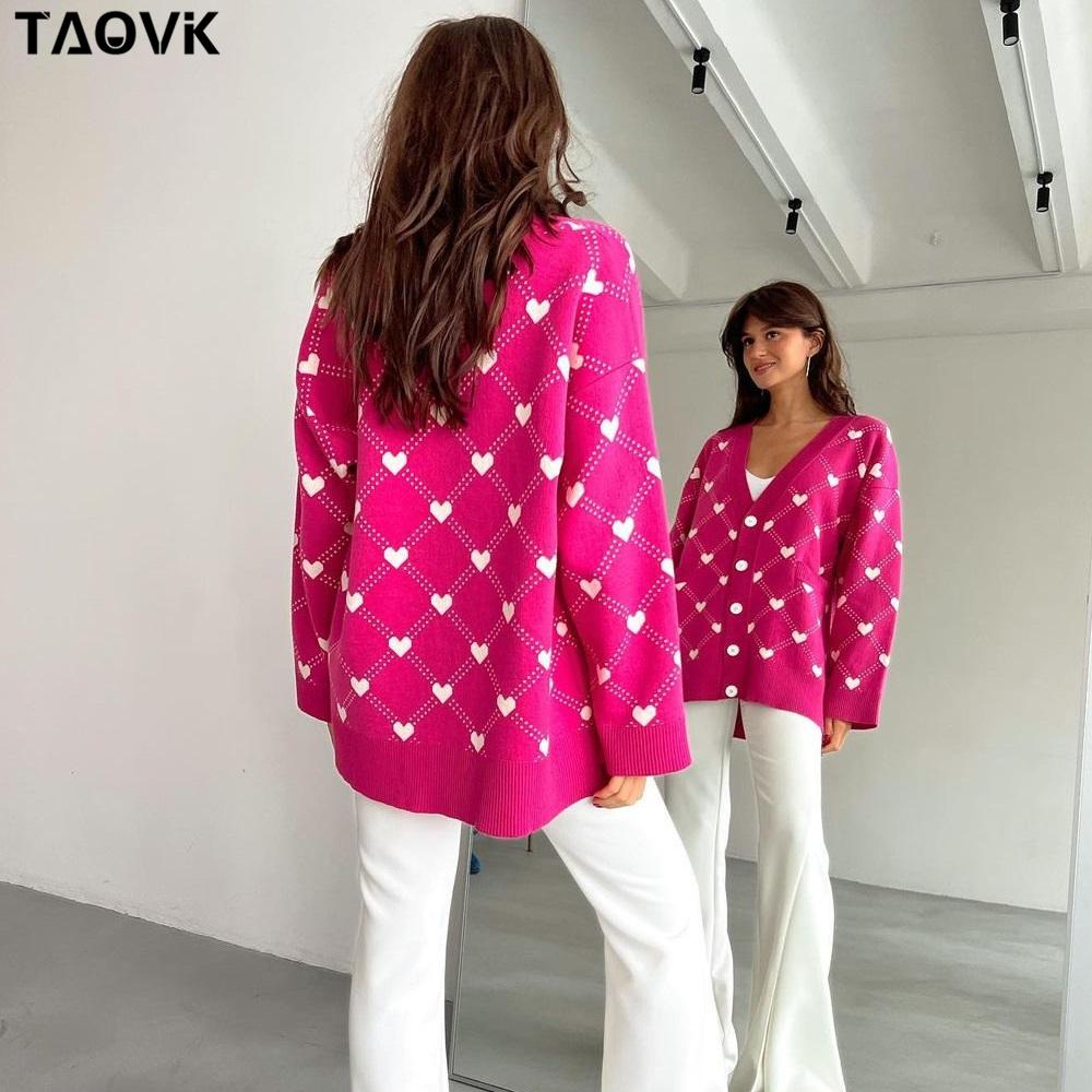 TAOVK Женские вязаные кардиганы, женские свитера с v-образным вырезом и сердечками, свободные повседневные трикотажные изделия с карманами, джемперы Kawaii, Лидер продаж