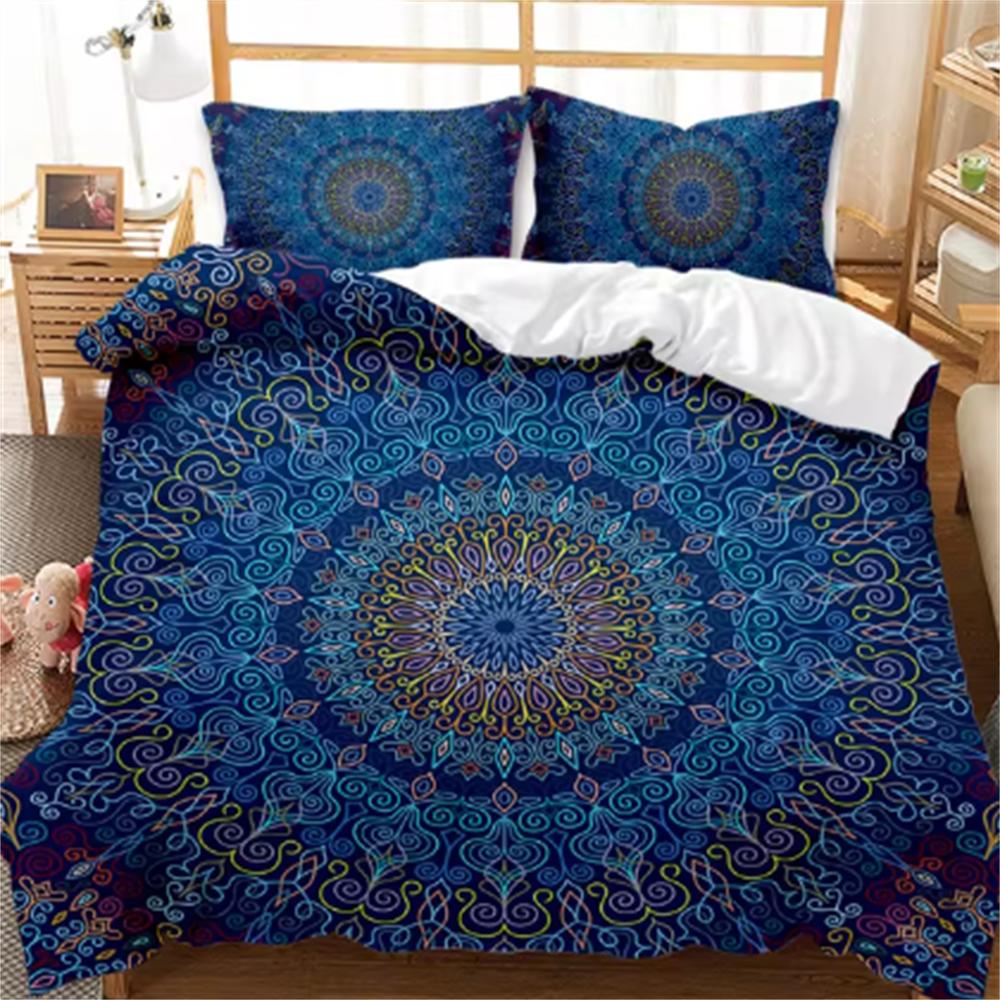 Bohemian Mandala Duvet Cover Set Twin Queen King Full Size,Blue Boho Chic Microfiber Bedding Set for Boys, Girls, Kids and Teens